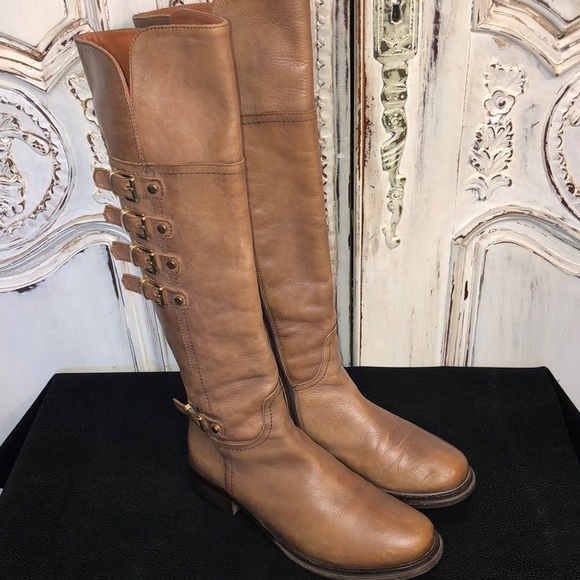 Napoleoni Made in Italy Light Brown Leather Buckle Detailing Knee Boots Size 37 - Picture 1 of 13